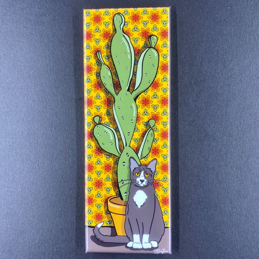 Tuxedo Cat Cactus Magnet Retro Handmade Decor Gift
